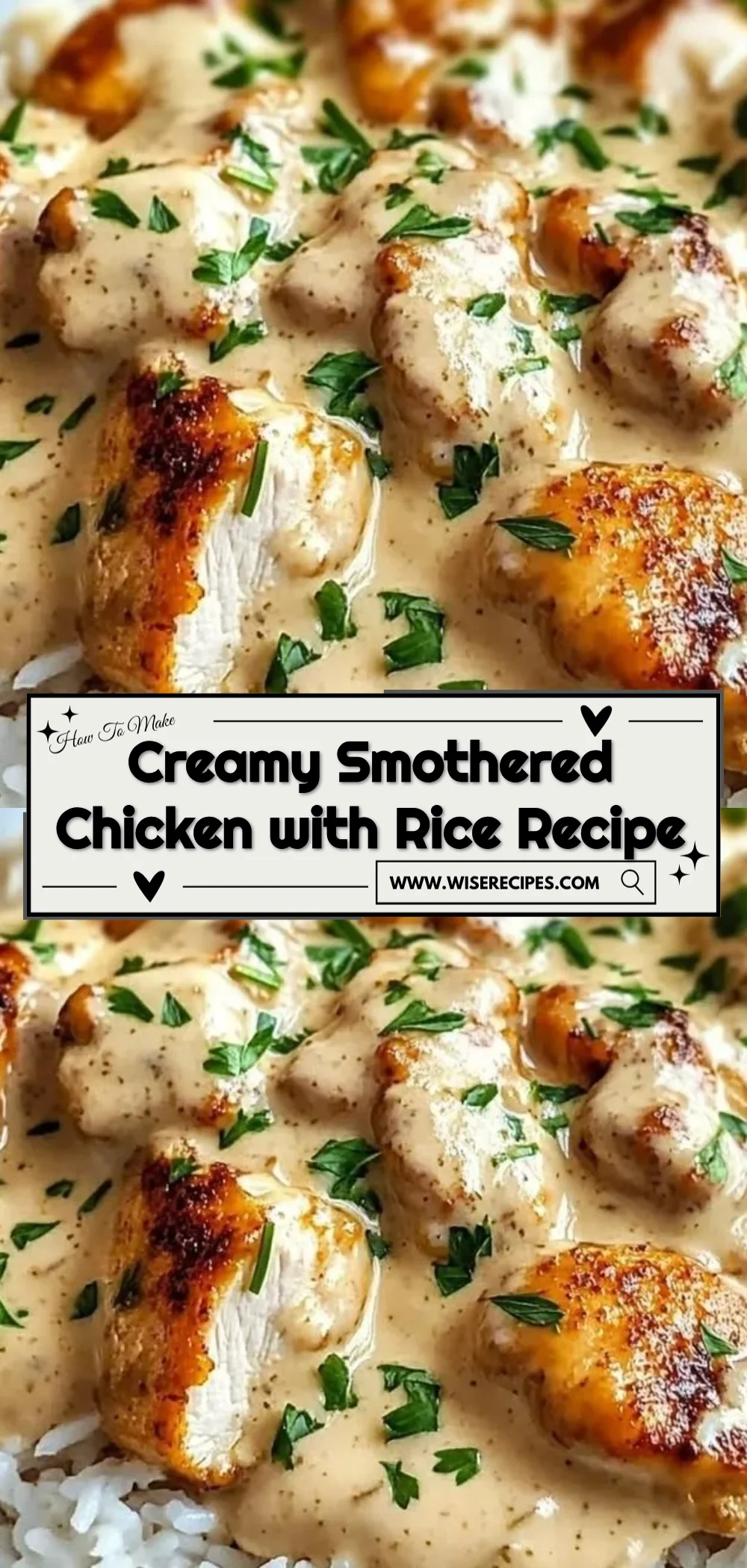Creamy smothered chicken served with fluffy rice on a plate