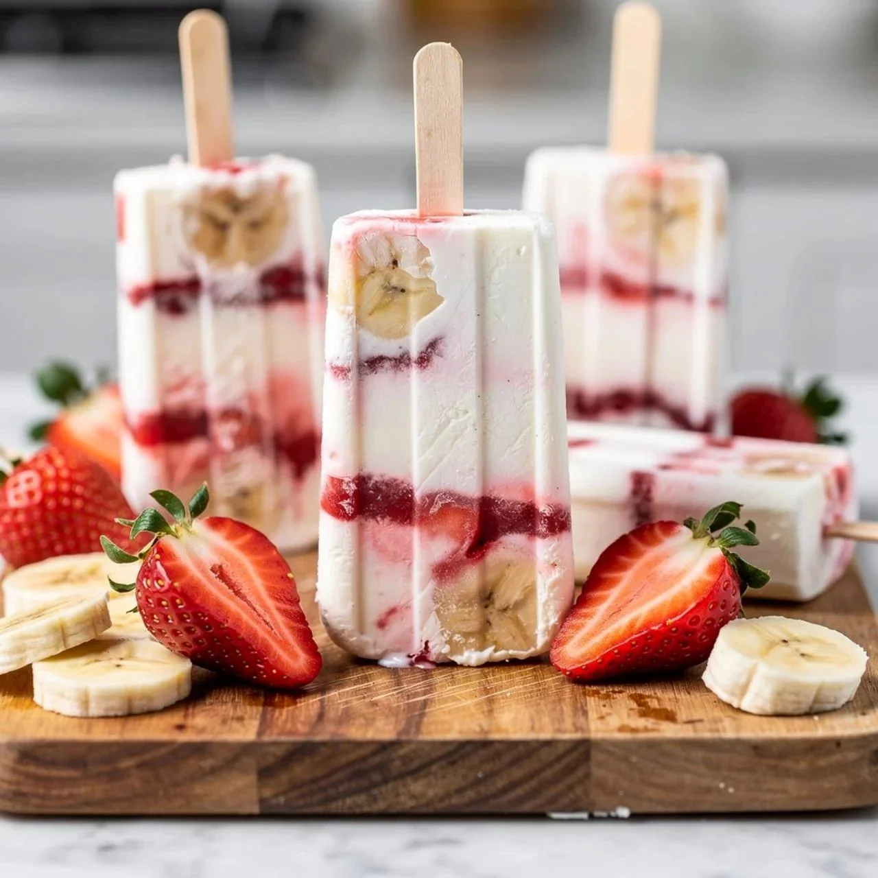 Creamy strawberry banana yogurt pops ready to enjoy on a hot day.