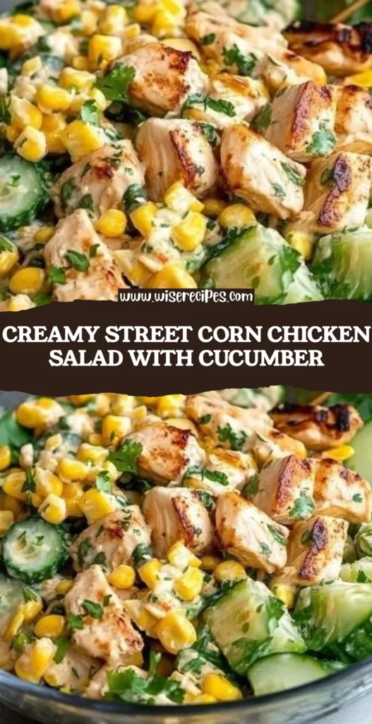Creamy street corn chicken salad with cucumber served in a bowl
