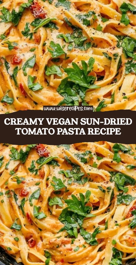 Creamy vegan sun-dried tomato pasta served on a white plate
