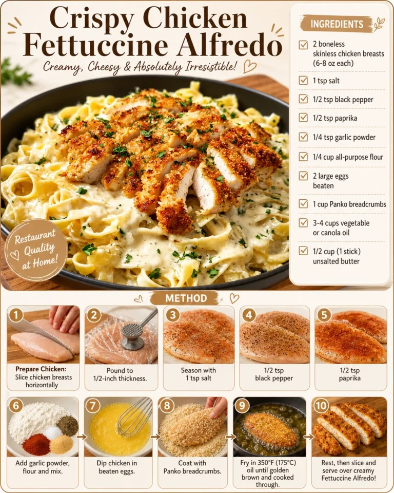 A plate of crispy chicken fettuccine alfredo topped with parsley and Parmesan cheese