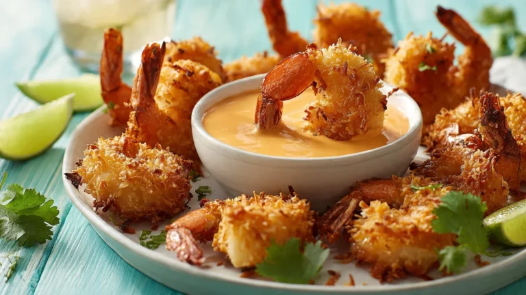 Baked crispy coconut shrimp served on a plate with dipping sauce.