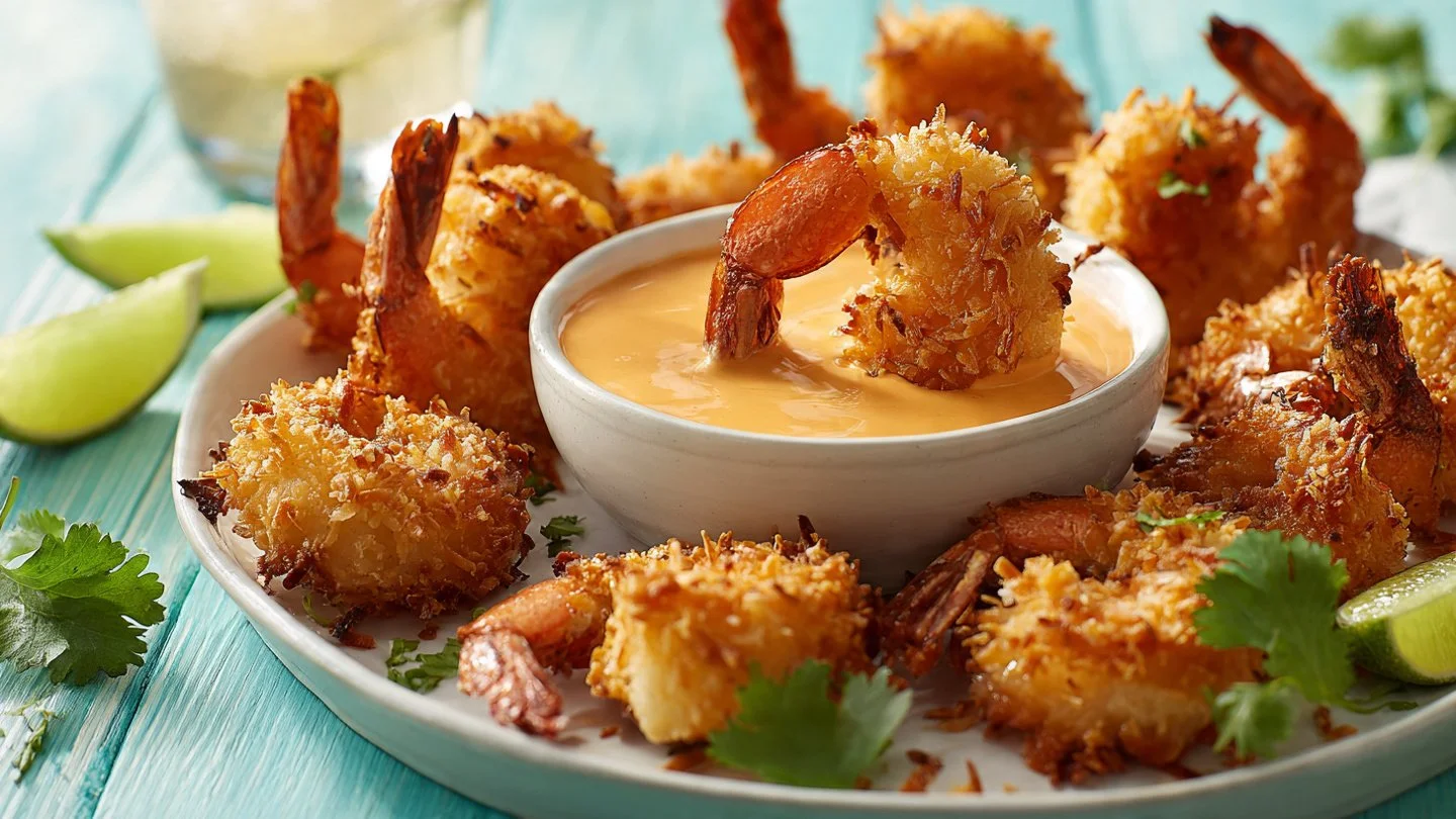 Baked crispy coconut shrimp served on a plate with dipping sauce.