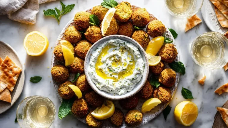Crispy falafel bites served with a side of tzatziki sauce on a plate.