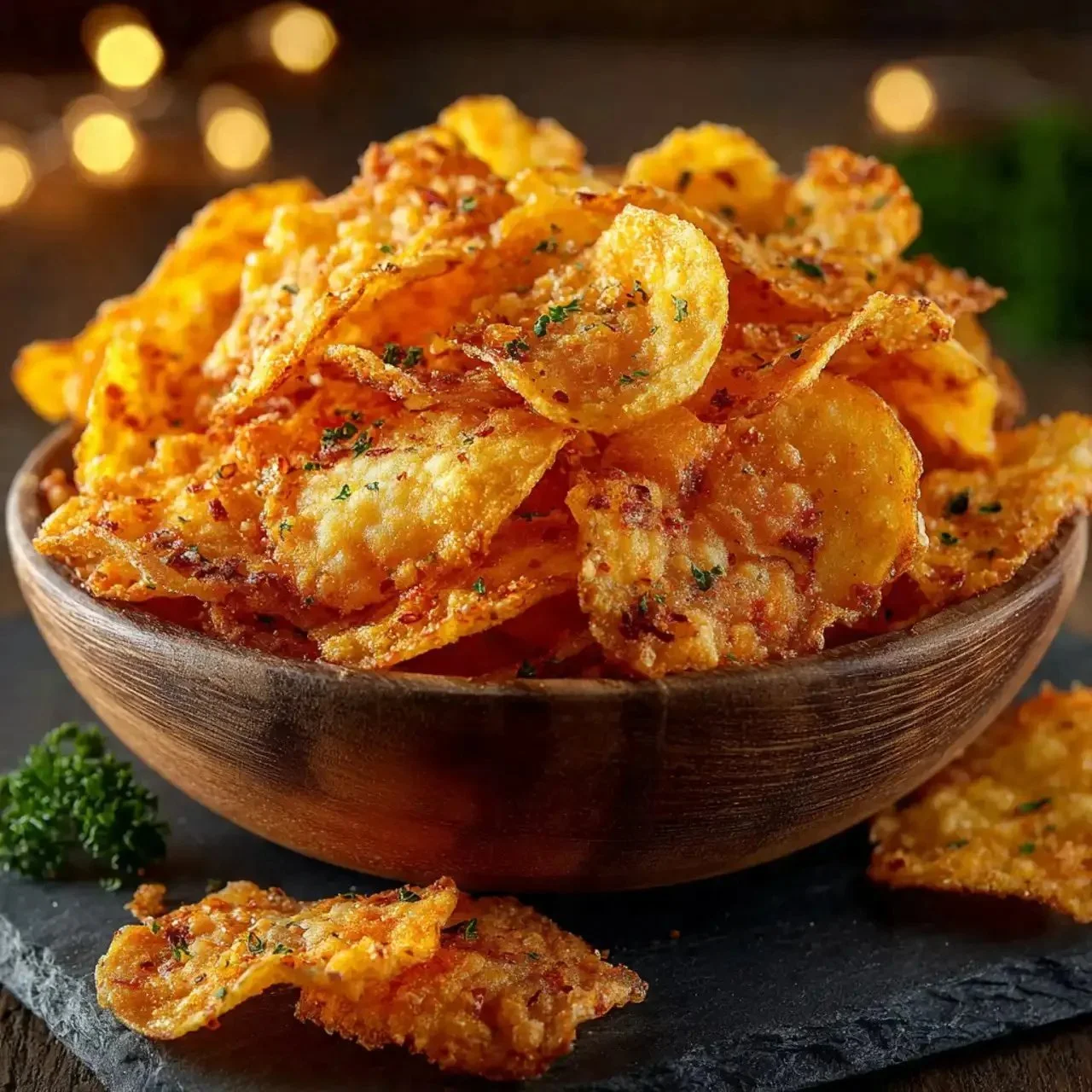 Bowl of crispy homemade potato chips seasoned to perfection