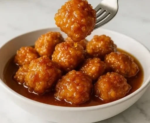 Crispy honey butter chicken bites served on a plate with dipping sauce.