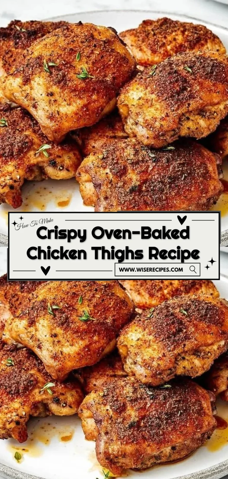Crispy oven-baked chicken thighs served on a plate with herbs and spices.