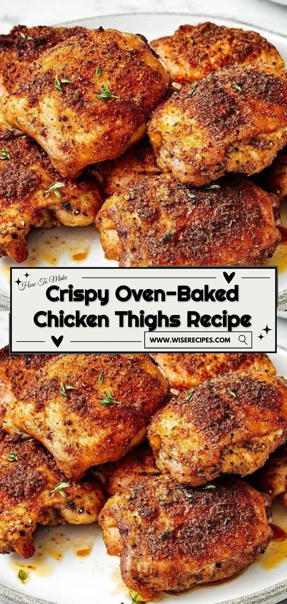 Crispy oven-baked chicken thighs served on a plate with herbs and spices.