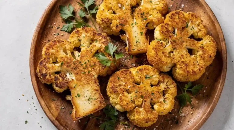 Crispy Parmesan Cauliflower Steaks served on a plate with fresh herbs