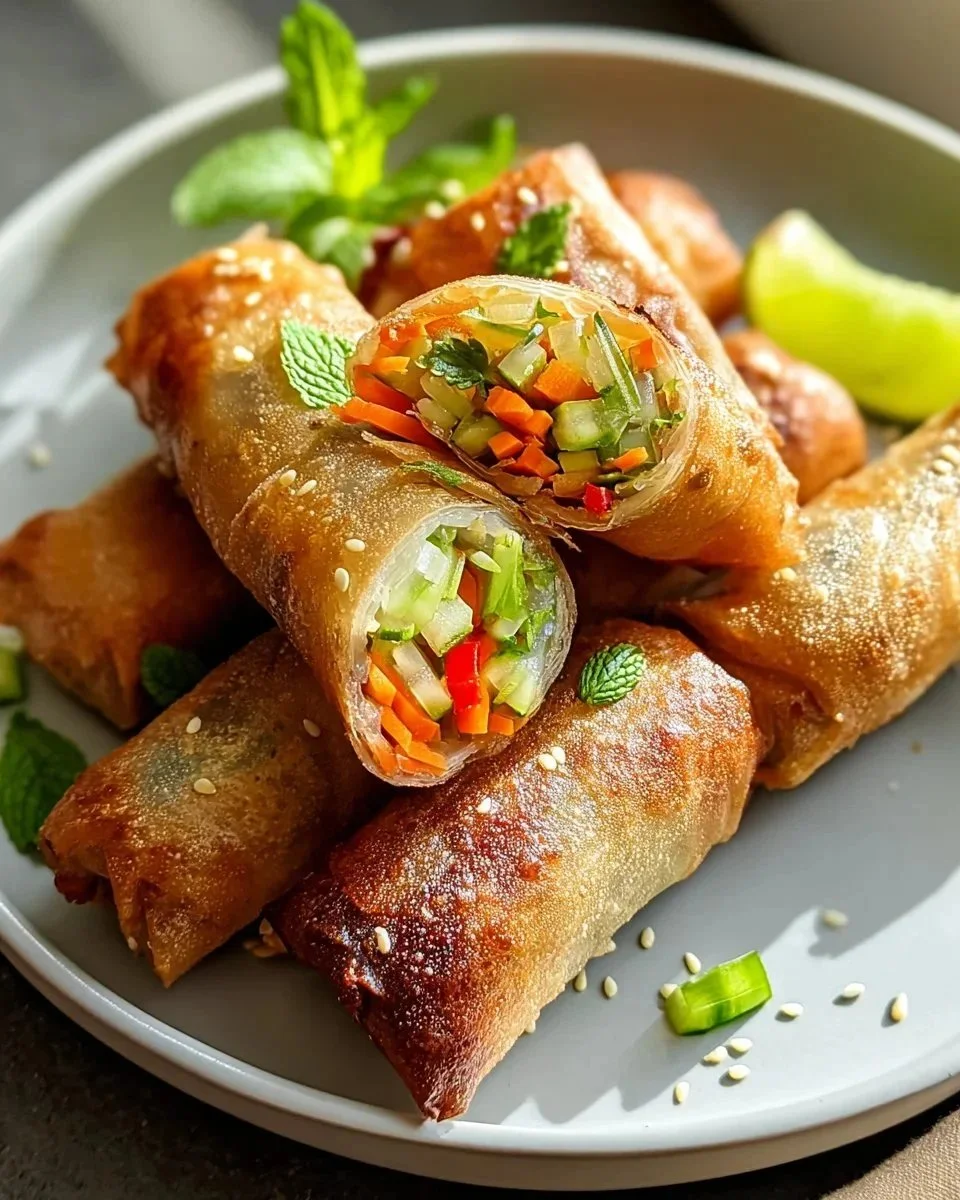 Crispy rice paper spring rolls filled with fresh vegetables and herbs