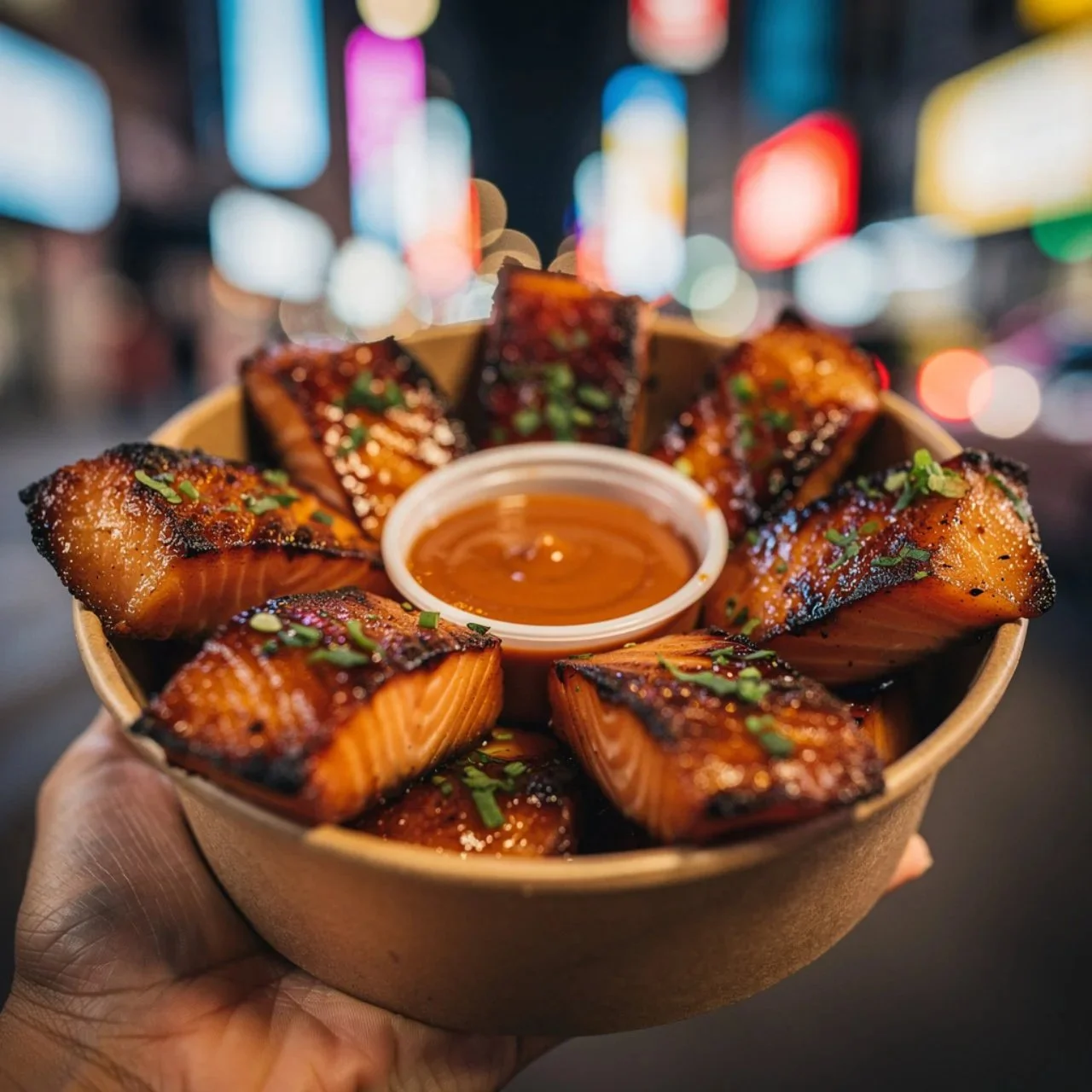 Crispy salmon bites served with honey garlic dip on a plate