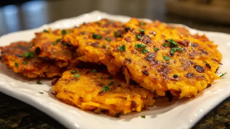 Crispy sweet potato hash browns served on a plate
