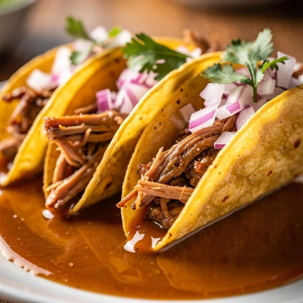 Delicious Crock Pot Birria Tacos served with fresh toppings and consommé.
