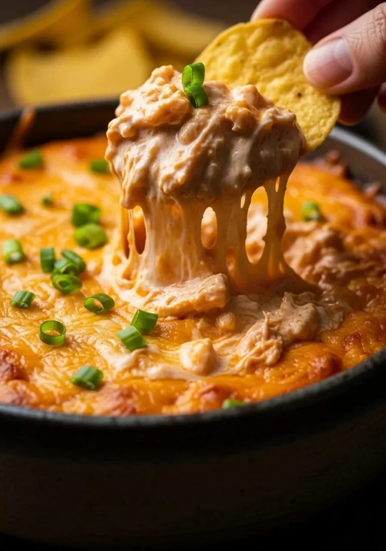 Crockpot Buffalo Chicken Dip in a serving dish with chips