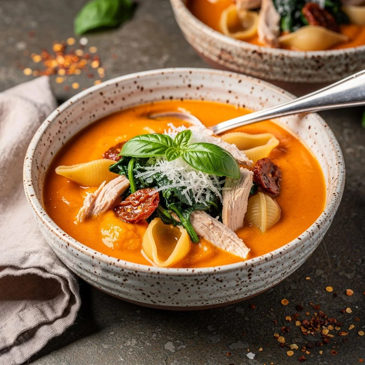 Delicious bowl of Crockpot Marry Me Chicken Soup with herbs and spices