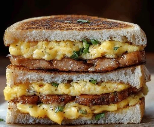 Deliciously loaded breakfast club sandwich with bacon, eggs, and toppings