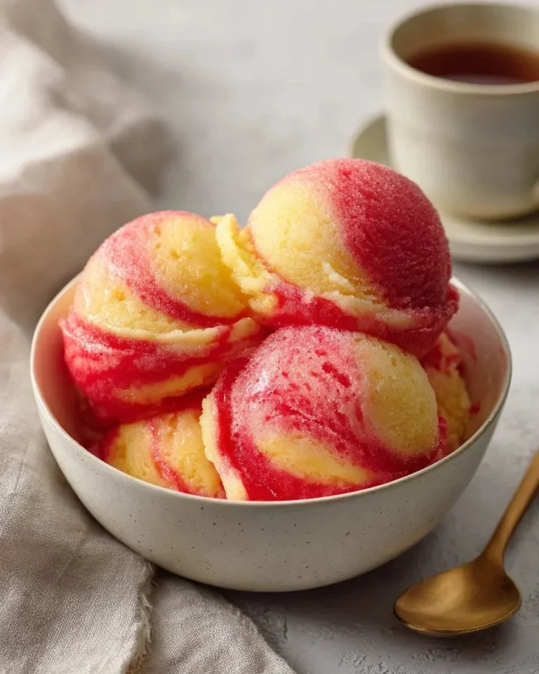 Bowl of vibrant strawberry pineapple sorbet topped with fresh fruit