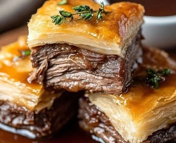 Delicious Beefy French Dip Square Bites on a serving platter