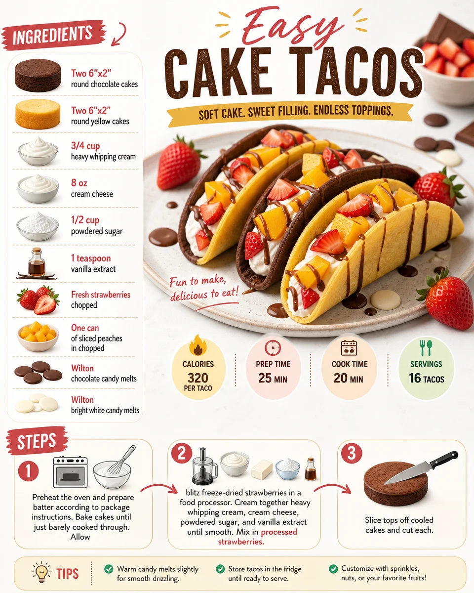 Delicious easy cake tacos topped with colorful frosting and sprinkles