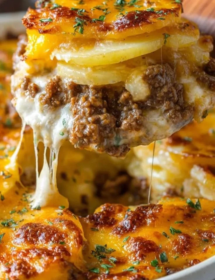 Easy cheesy hamburger potato casserole topped with melted cheese and herbs