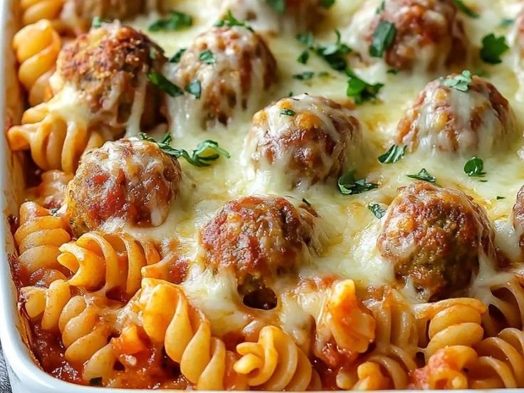 Delicious easy dump-and-bake meatball casserole in a baking dish