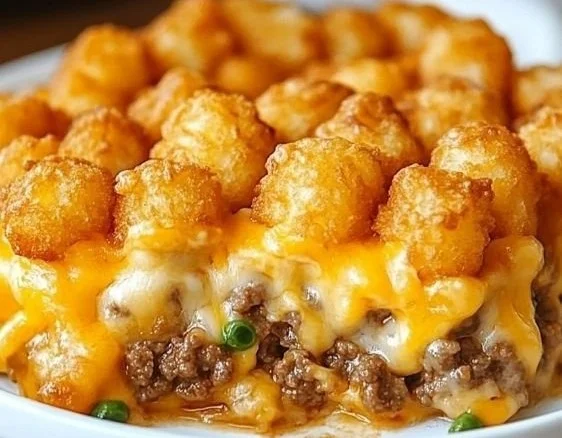 Easy Ground Beef Tater Tot Casserole topped with crispy tater tots
