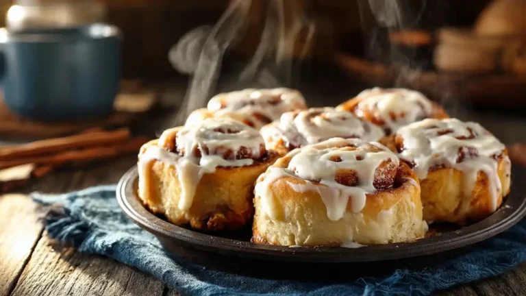 Delicious homemade cinnamon rolls with creamy icing on a plate