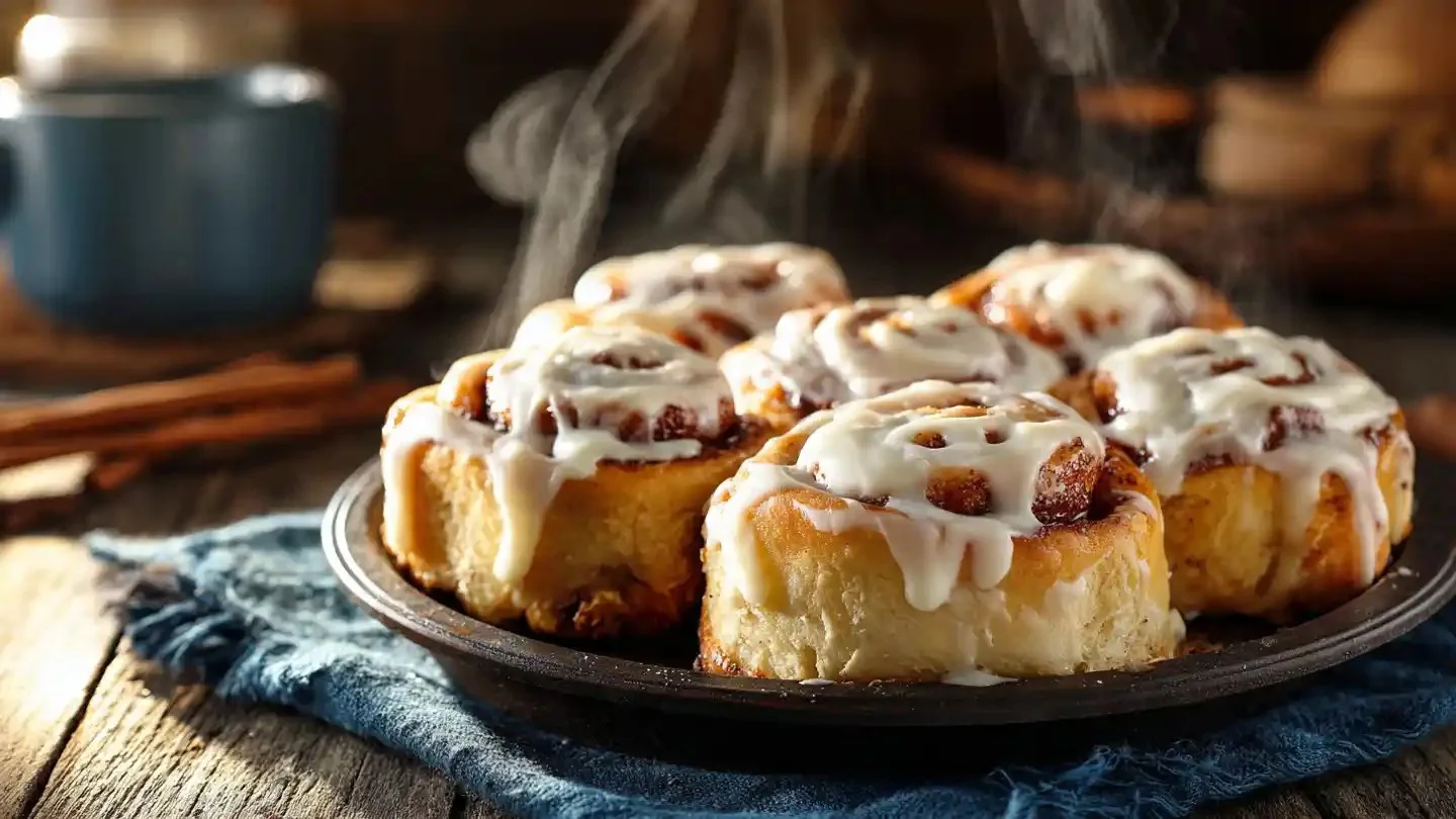 Delicious homemade cinnamon rolls with creamy icing on a plate