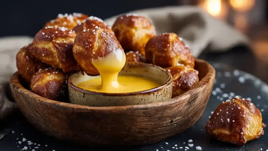 Delicious homemade soft pretzel bites served with mustard dip.