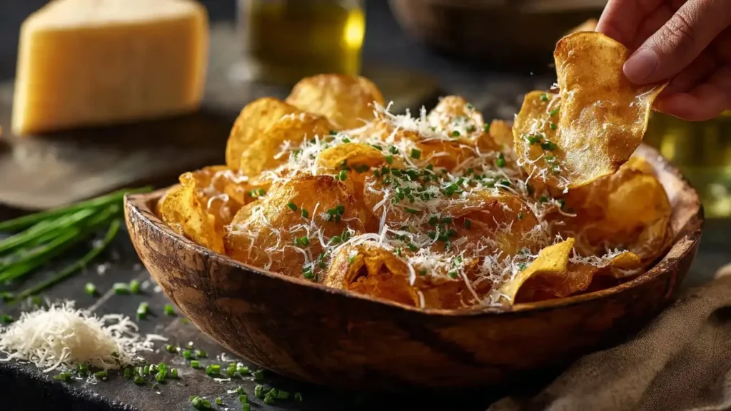 Bowl of homemade Parmesan-Chive Chips ready to serve