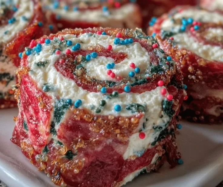 Easy patriotic pinwheel cream cheese appetizers for 4th of July celebrations.