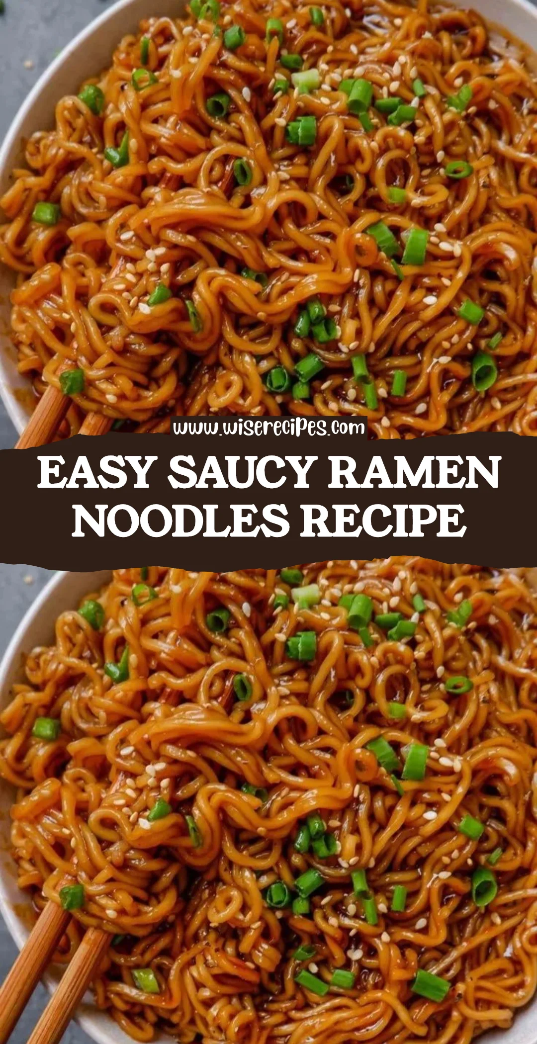 Bowl of easy saucy ramen noodles topped with green onions and a soft-boiled egg.