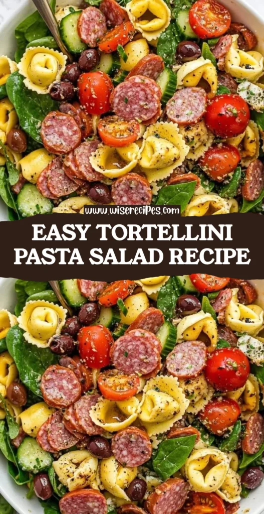Bowl of easy tortellini pasta salad with colorful vegetables and dressing