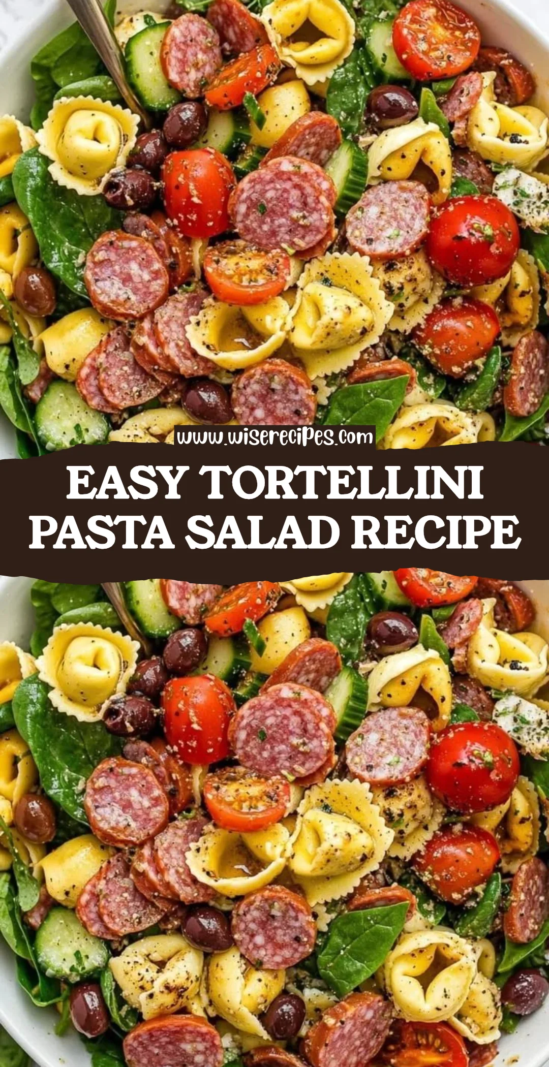 Bowl of easy tortellini pasta salad with colorful vegetables and dressing