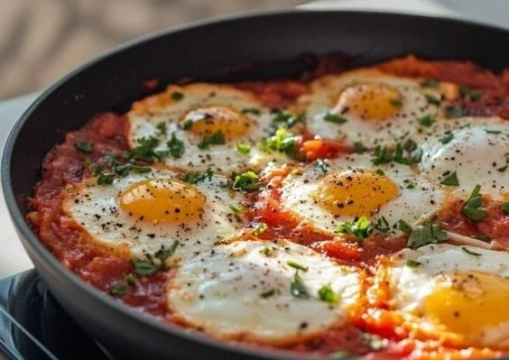 A serving of spicy Eggs in Hell, featuring poached eggs in a rich tomato sauce.