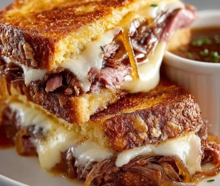 Melted cheese and tender beef in a French dip grilled cheese sandwich