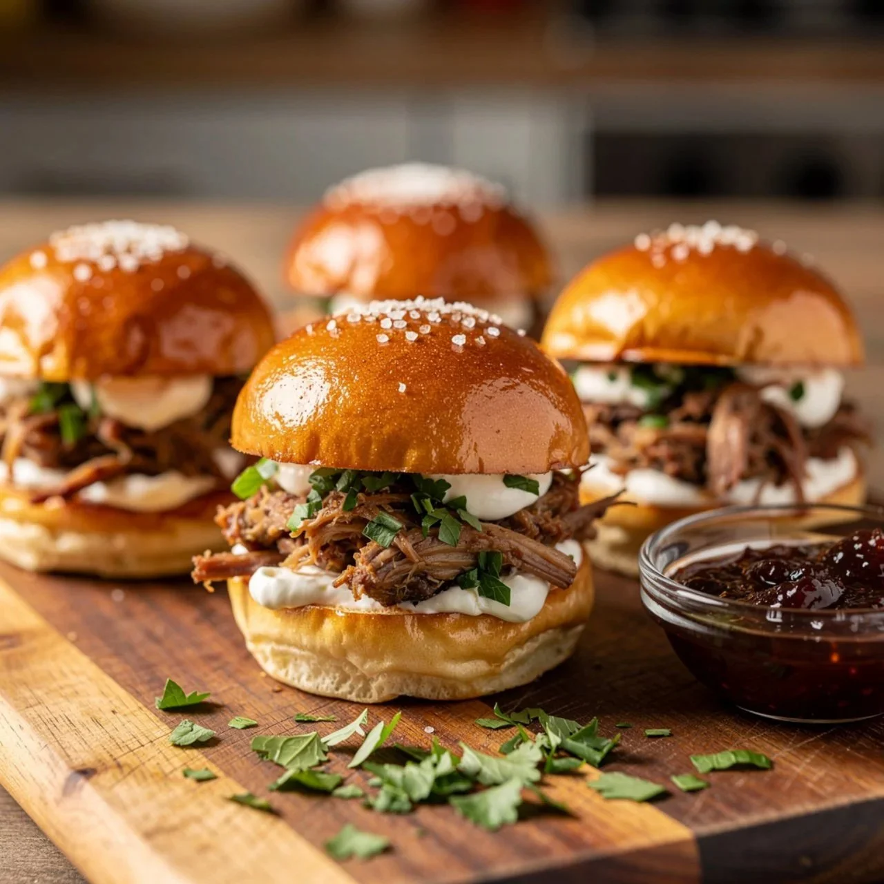 Delicious French Dip Sliders with tender beef and melted cheese on a toasted bun