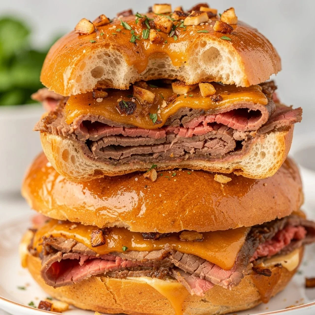 French Dip Sliders with beef, cheese, and au jus for dipping