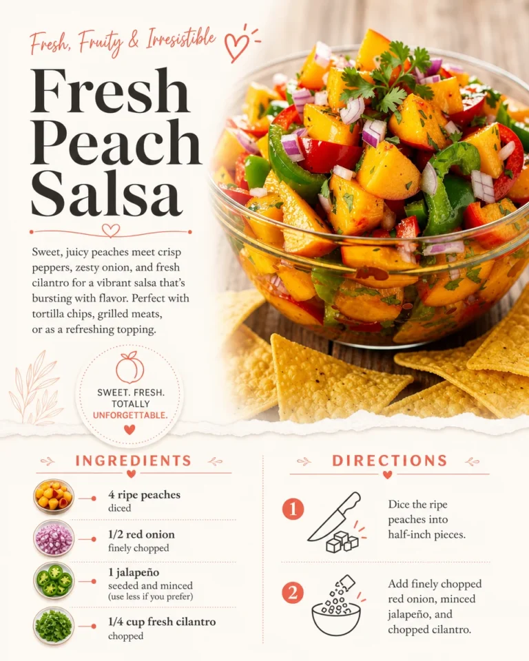 Fresh peach salsa made with ripe peaches and spices served in a bowl