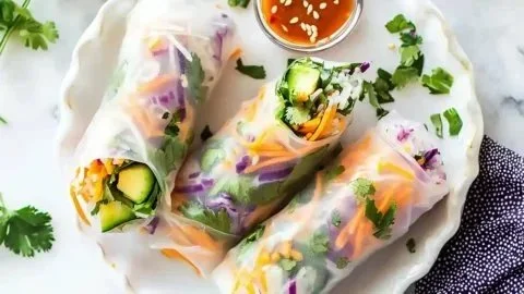 Freshly made spring rolls filled with vegetables and herbs on a plate