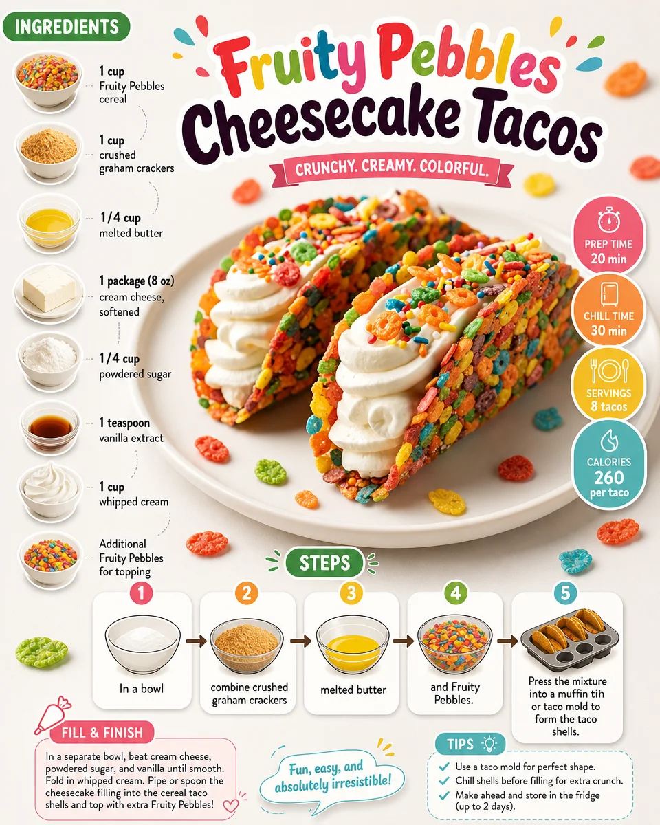 Fruity Pebbles cheesecake tacos served on a plate with colorful toppings.