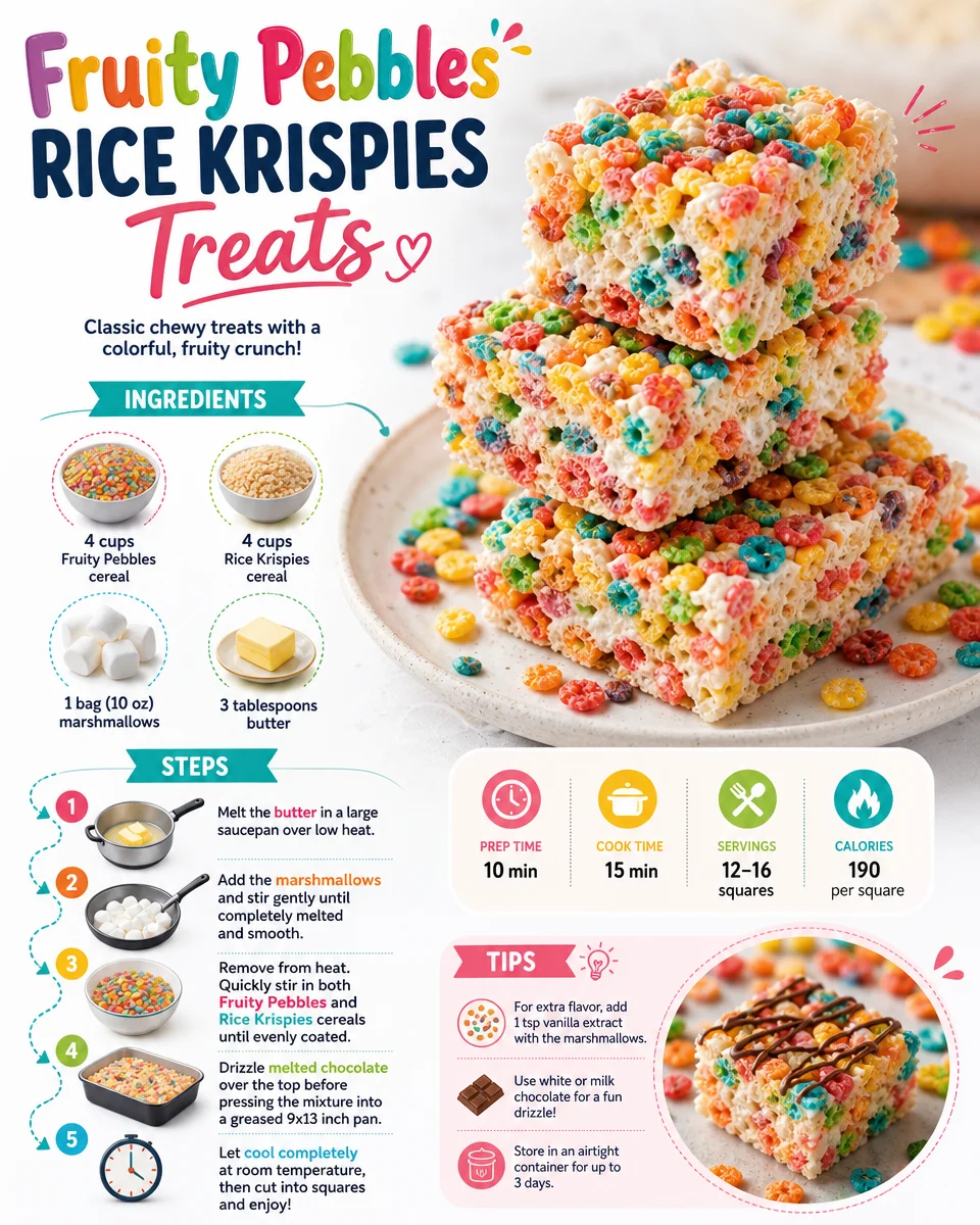 Fruity Pebbles Rice Krispies Treats in a colorful display