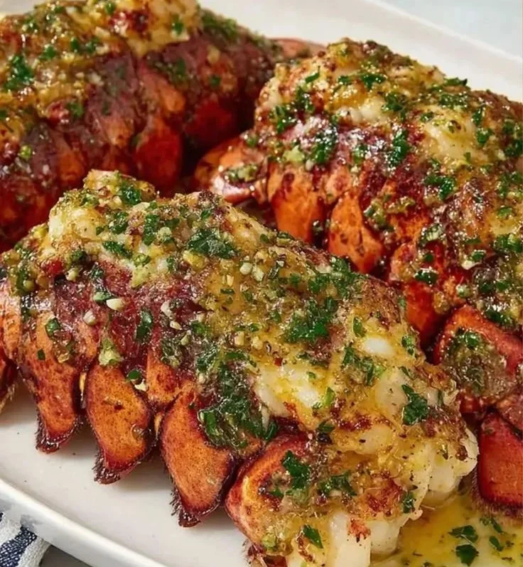Garlic butter-glazed smoked lobster tails served on a plate