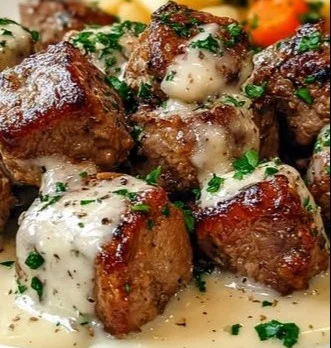 Delicious Garlic Butter Steak Bites topped with creamy Parmesan sauce