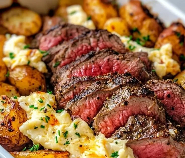 Delicious Garlic Butter Steak served with Cheddar Potato Bake