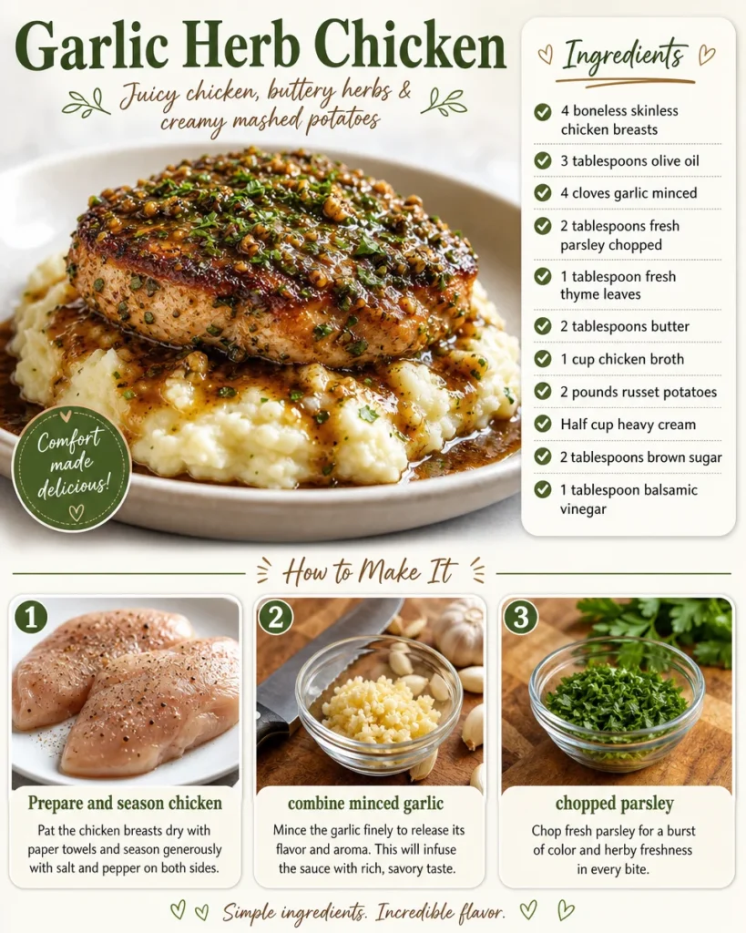 Delicious Garlic Herb Chicken garnished with fresh herbs and served on a plate.