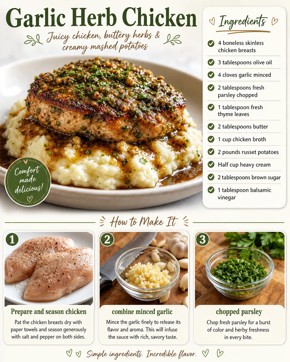 Delicious Garlic Herb Chicken garnished with fresh herbs and served on a plate.