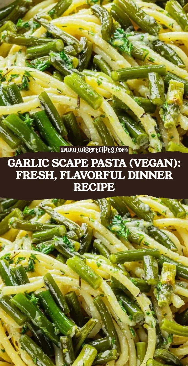 Vegan Garlic Scape Pasta with fresh vegetables and a creamy sauce on a plate.
