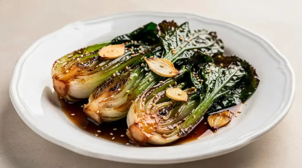 Delicious garlic soy oven-roasted bok choy served in a bowl