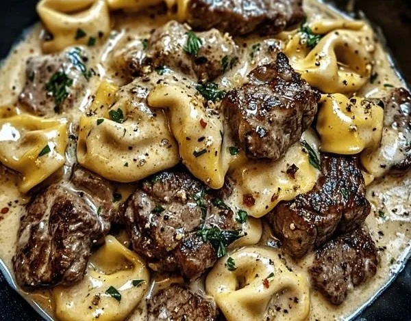 Delicious garlic steak tortellini tossed in creamy sauce